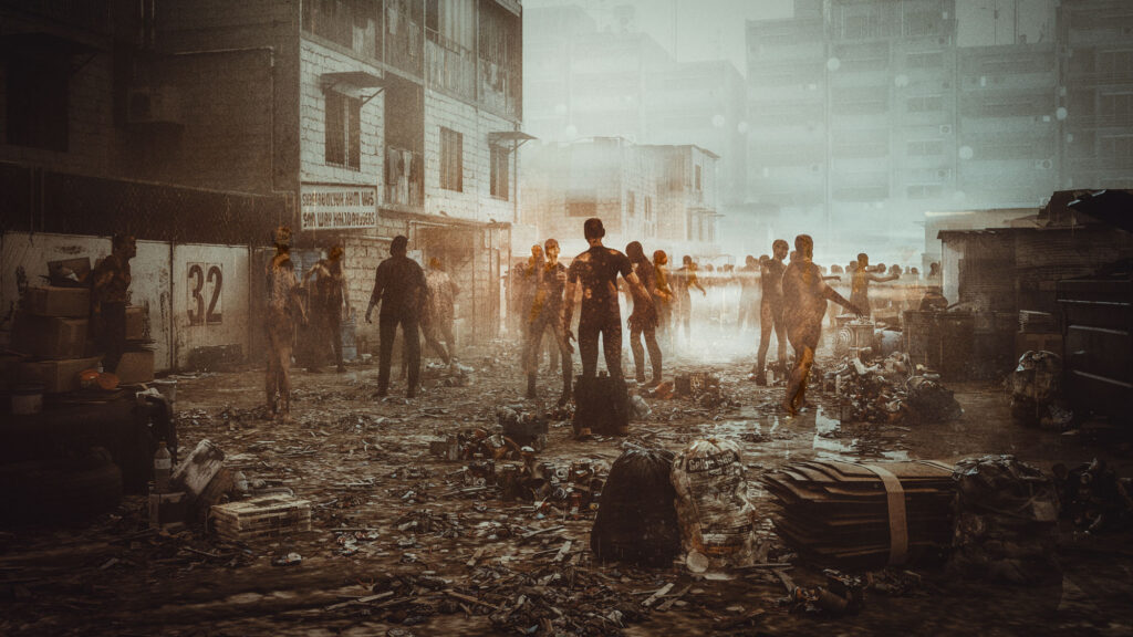 Survivors move through a debris-strewn street during zombie apocalypse survival.