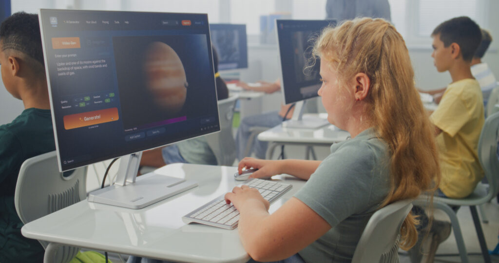 Students in a classroom use desktop computers, with one student viewing an AI video-generation interface displaying a planet image on the screen.